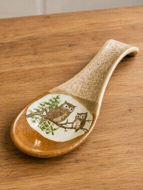 Vintage Otagiri Stone Japan Owl Family Ceramic Spoon Rest Stoneware